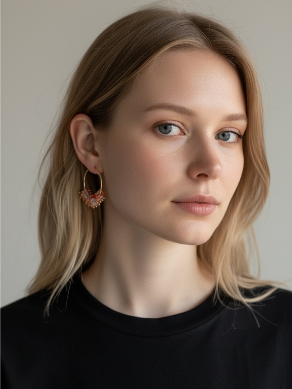 10/10 Gold Hoop Earrings with Pink Bead Accents
